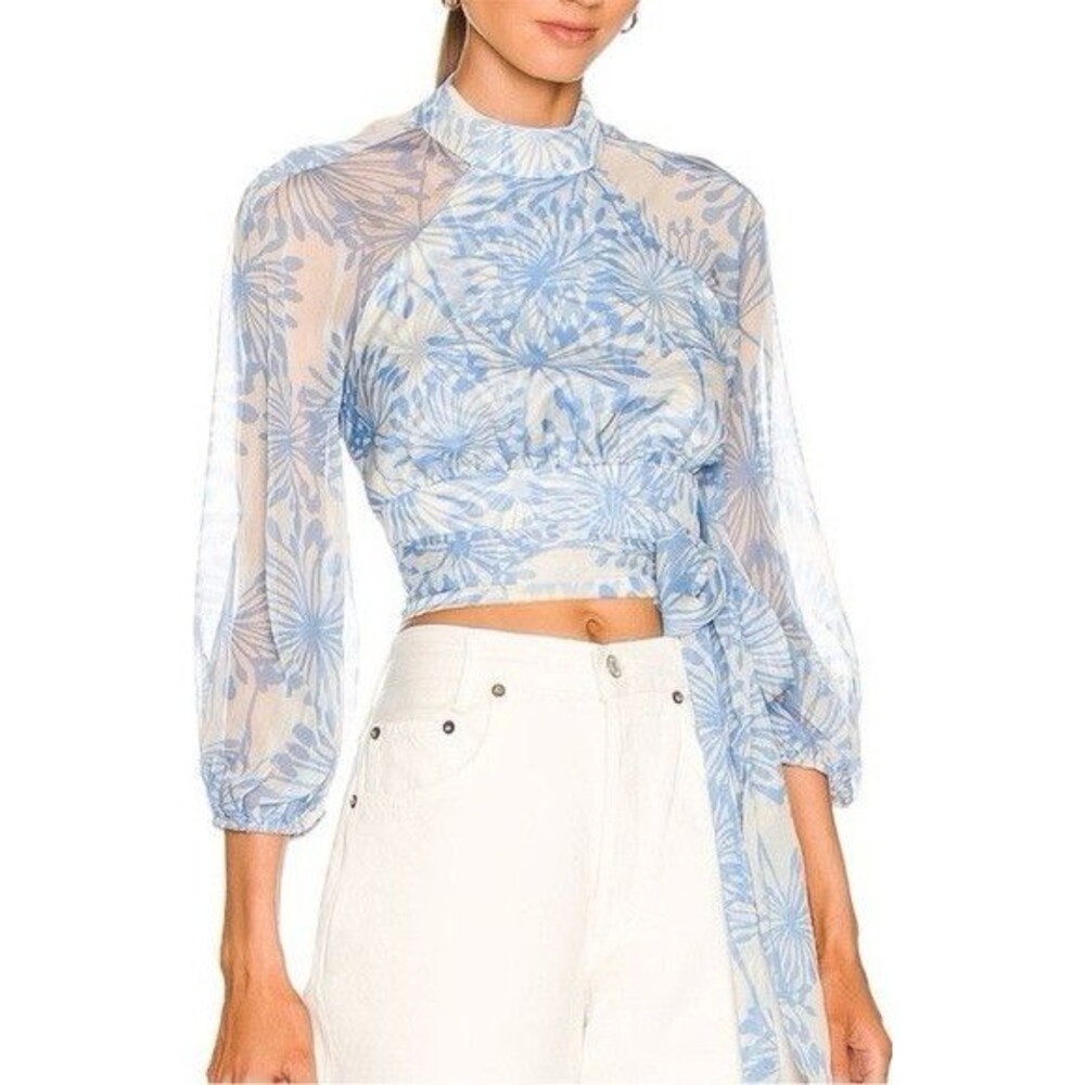 Amanda Uprichard Sheer Floral Cropped Tie Blouse Open Back Mock Neck Blue S